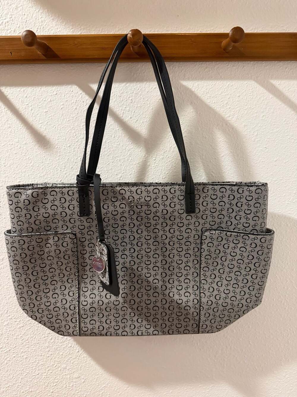 Guess Monogram Gray and Black Tote Handbag Purse